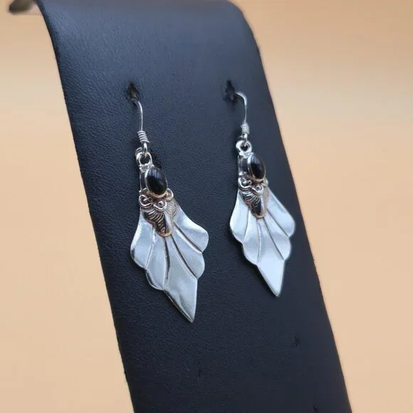 Sterling Silver Floral Black Enamel Dangle Earrings A5634 - Picture 2 of 6